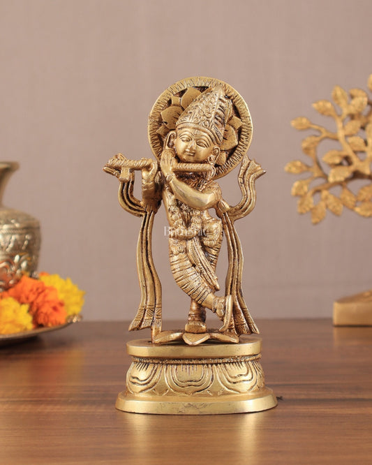 Pure Brass Lord Krishna Idol 7" - Sama Homes Idol - Brass Sculpture