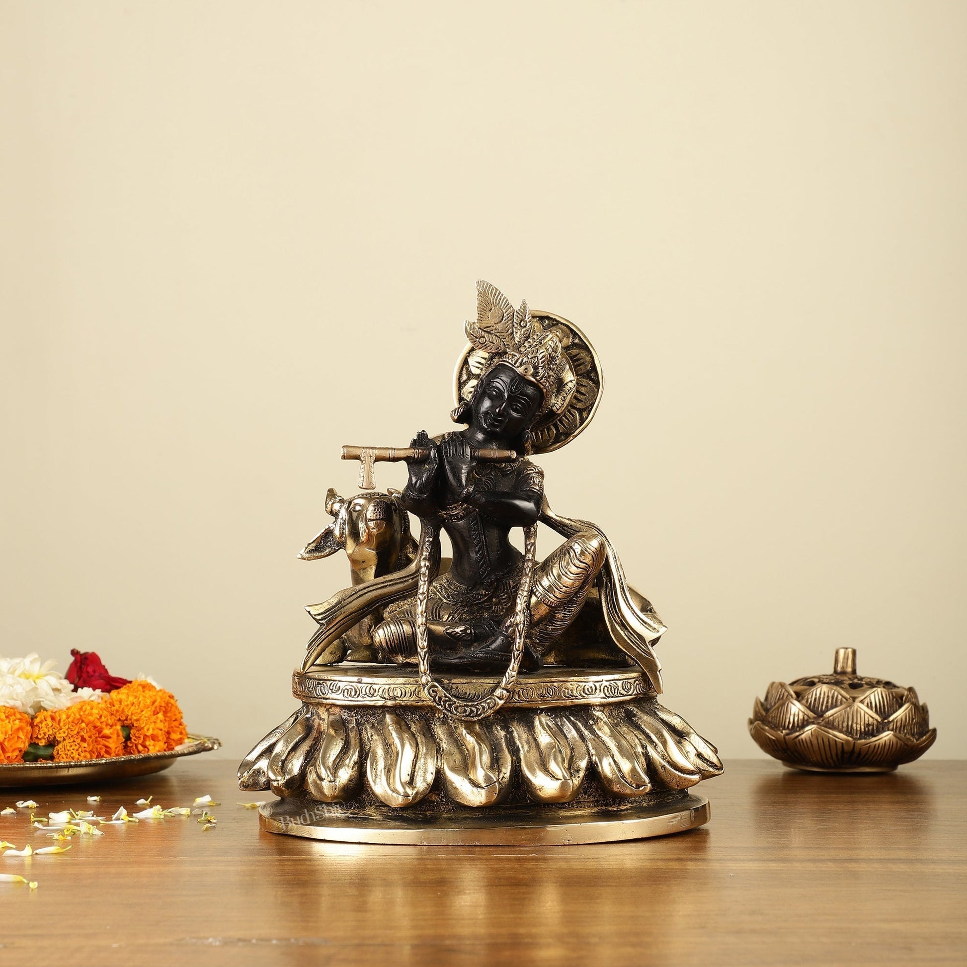 Pure Brass Lord Krishna Sitting with Cow Idol 8.5" black - Sama Homes Idol - Brass Sculpture - Eco-friendly - Sama Homes