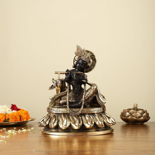Pure Brass Lord Krishna Sitting with Cow Idol 8.5" black - Sama Homes Idol - Brass Sculpture