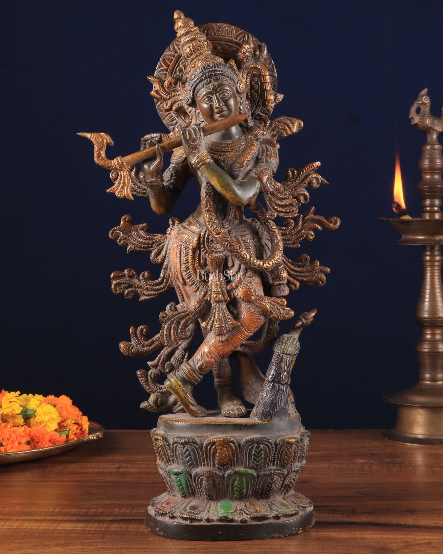 Pure Brass Lord Krishna Statue – 12" x 5.6" x 2.6" | Antique Sand Patina Finish - Sama Homes Idol - Brass Sculpture