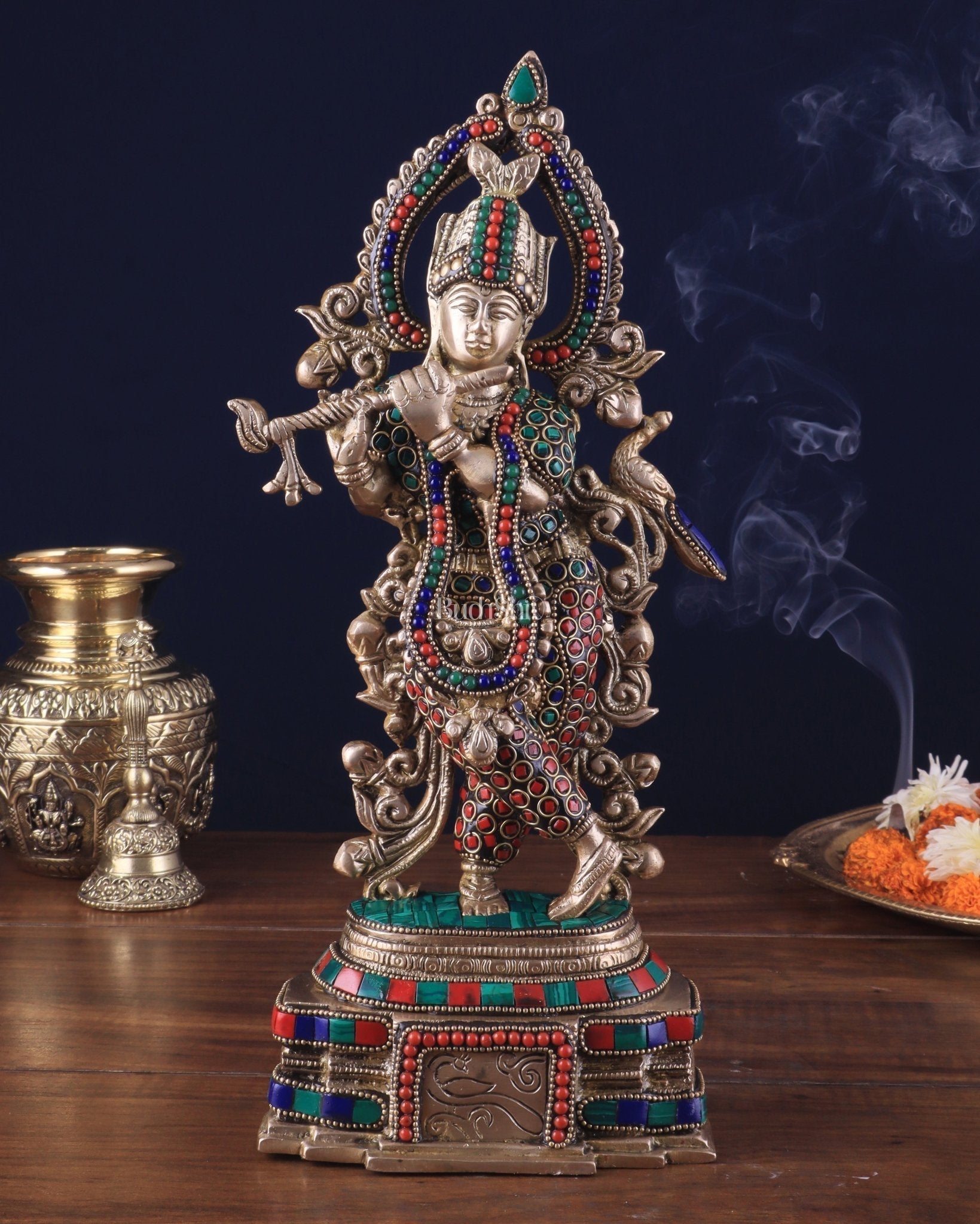 Pure Brass Lord Krishna Statue - 13.5 Inch stonework - Sama Homes Idol - Brass Sculpture - Eco-friendly - Sama Homes