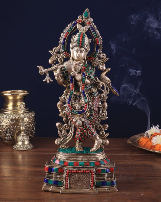 Pure Brass Lord Krishna Statue - 13.5 Inch stonework - Sama Homes Idol - Brass Sculpture