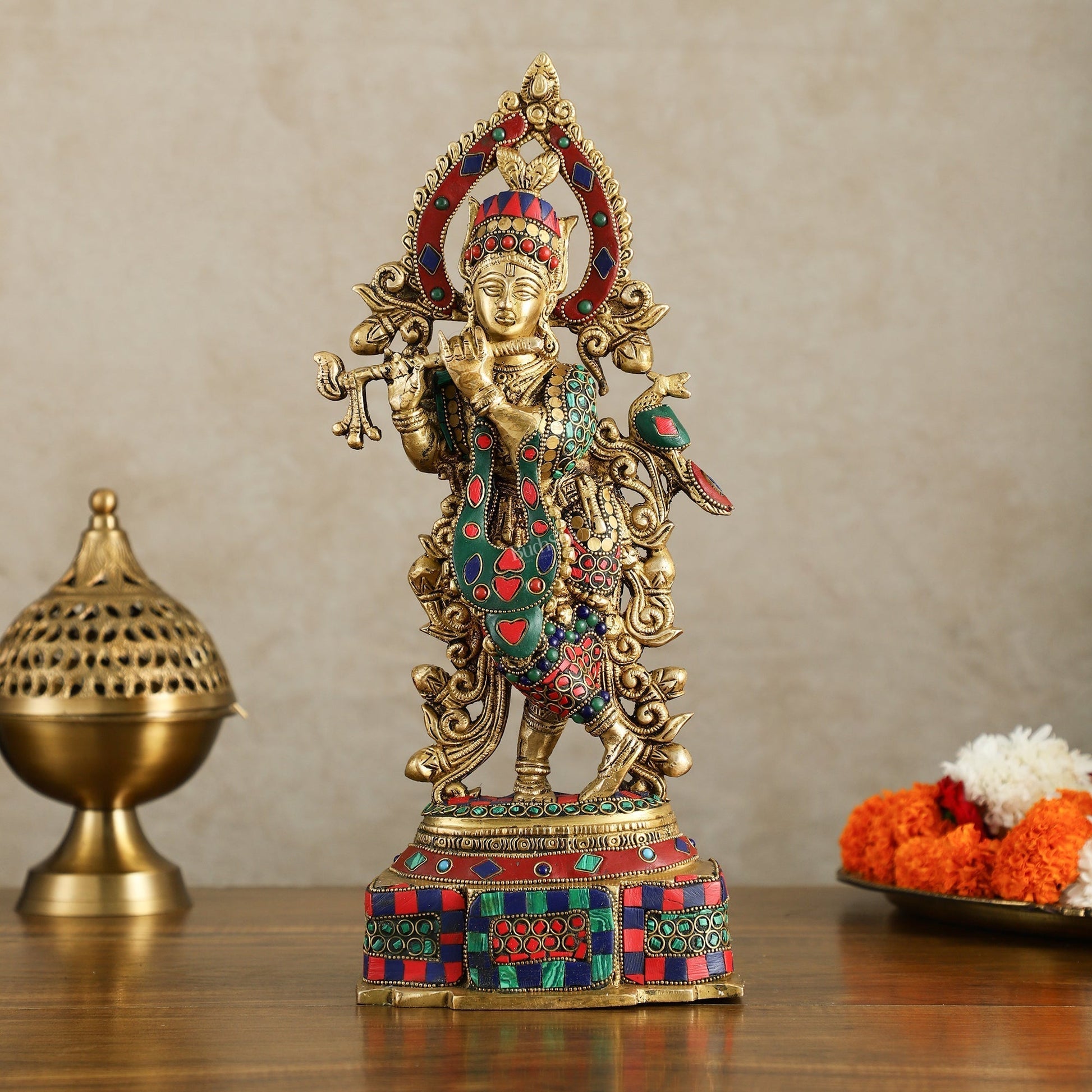Pure Brass Lord Krishna Statue - 13.5 Inch - Sama Homes Idol - Brass Sculpture - Eco-friendly - Sama Homes