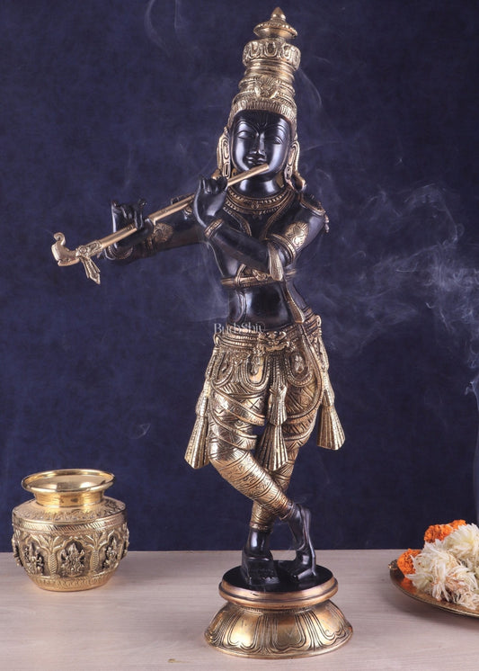 Pure Brass Lord Krishna Statue - Black & Gold Finish, 23 Inches - Sama Homes Idol - Brass Sculpture