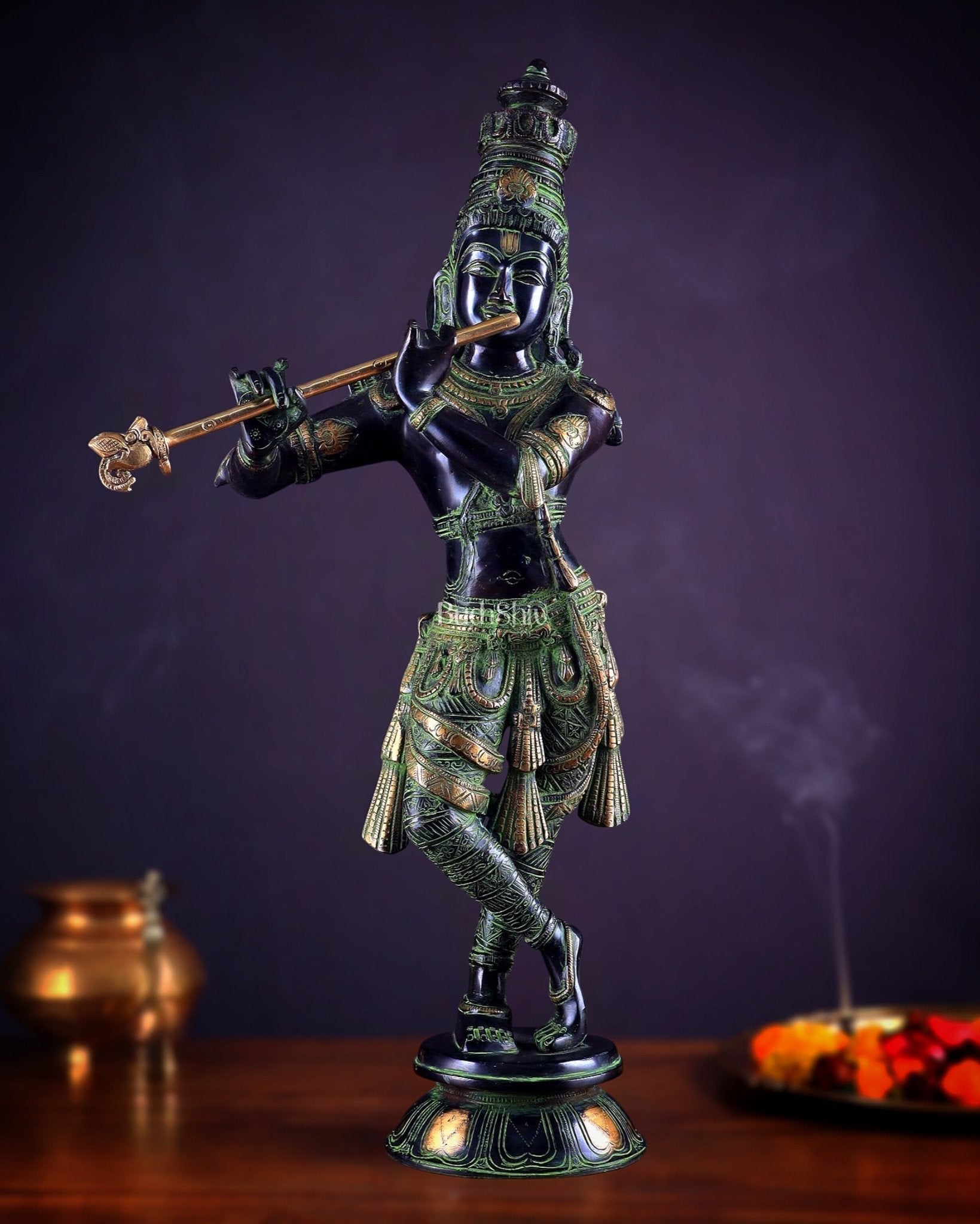 Pure Brass Lord Krishna Statue - Black, green and Gold Finish, 23 Inches - Sama Homes Idol - Brass Sculpture - Eco-friendly - Sama Homes