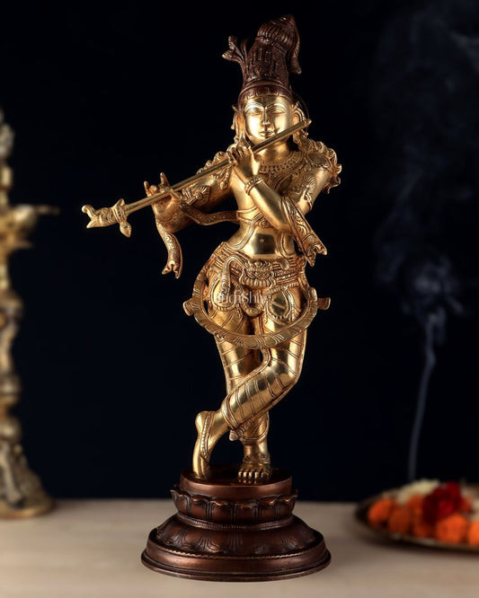 Pure Brass Lord Krishna Statue dual tone 22 inch - Sama Homes Idol - Brass Sculpture