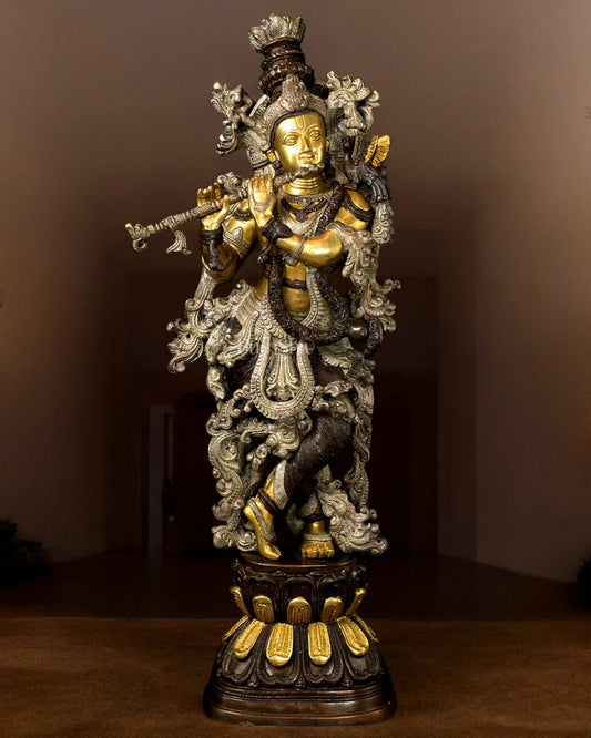 Pure Brass Lord Krishna Statue - Three Tone Finish | 30 Inch Height - Sama Homes Idol - Brass Sculpture
