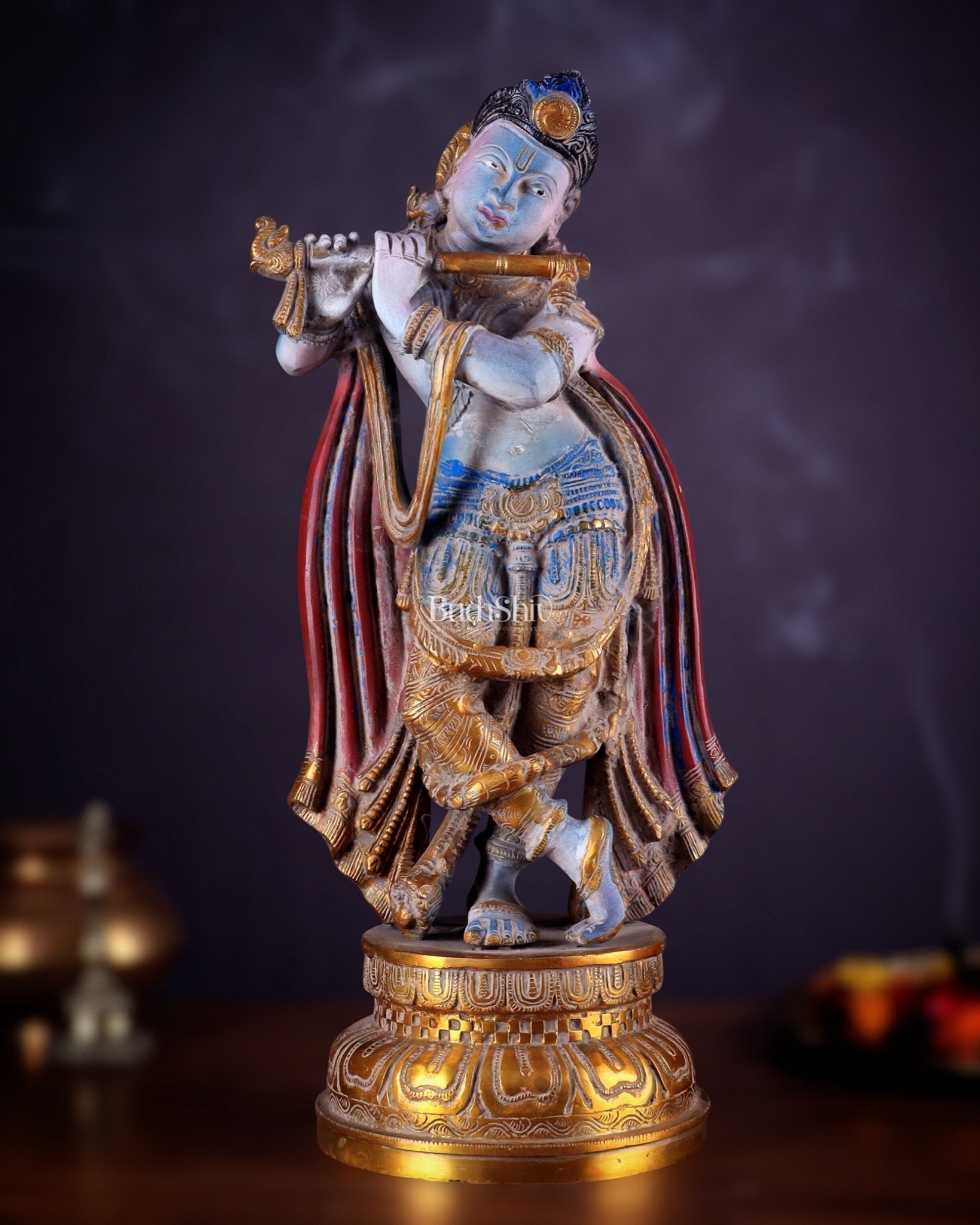 Pure Brass Lord Krishna Vintage Hand-Painted Sculpture 18.5" - Sama Homes Idol - Brass Sculpture - Eco-friendly - Sama Homes