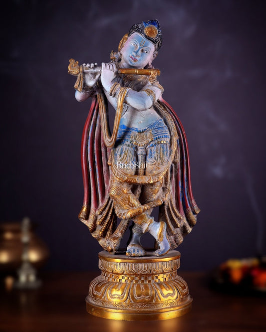 Pure Brass Lord Krishna Vintage Hand-Painted Sculpture 18.5" - Sama Homes Idol - Brass Sculpture