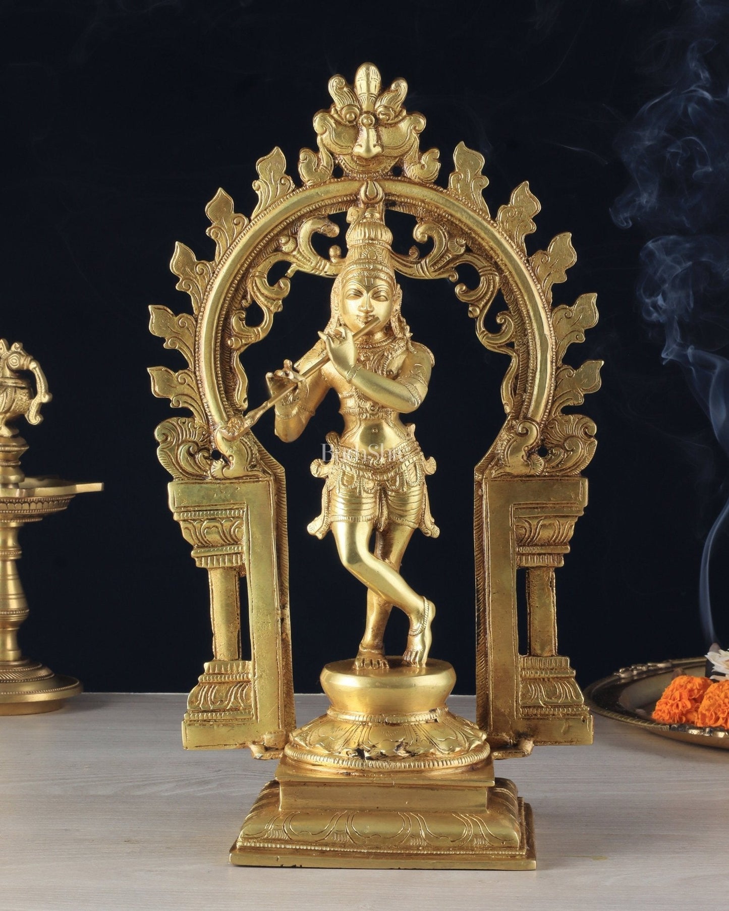 Pure Brass Lord Krishna with Celestial Aura Prabhavali Idol 12.5" golden - Sama Homes Idol - Brass Sculpture