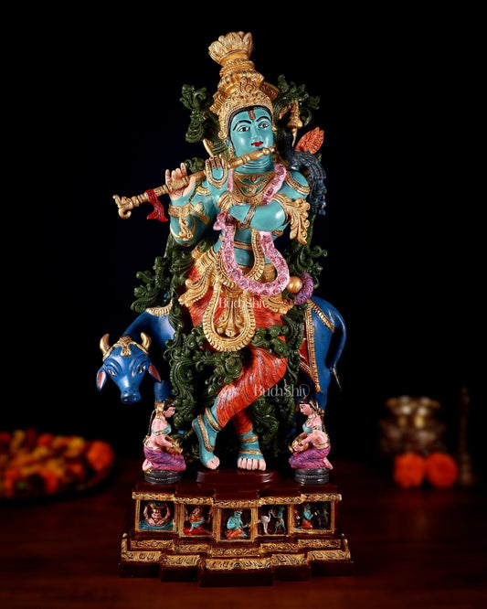 Pure Brass Lord Krishna with Cow Statue - 29" Height hand-painted - Sama Homes Idol - Brass Sculpture