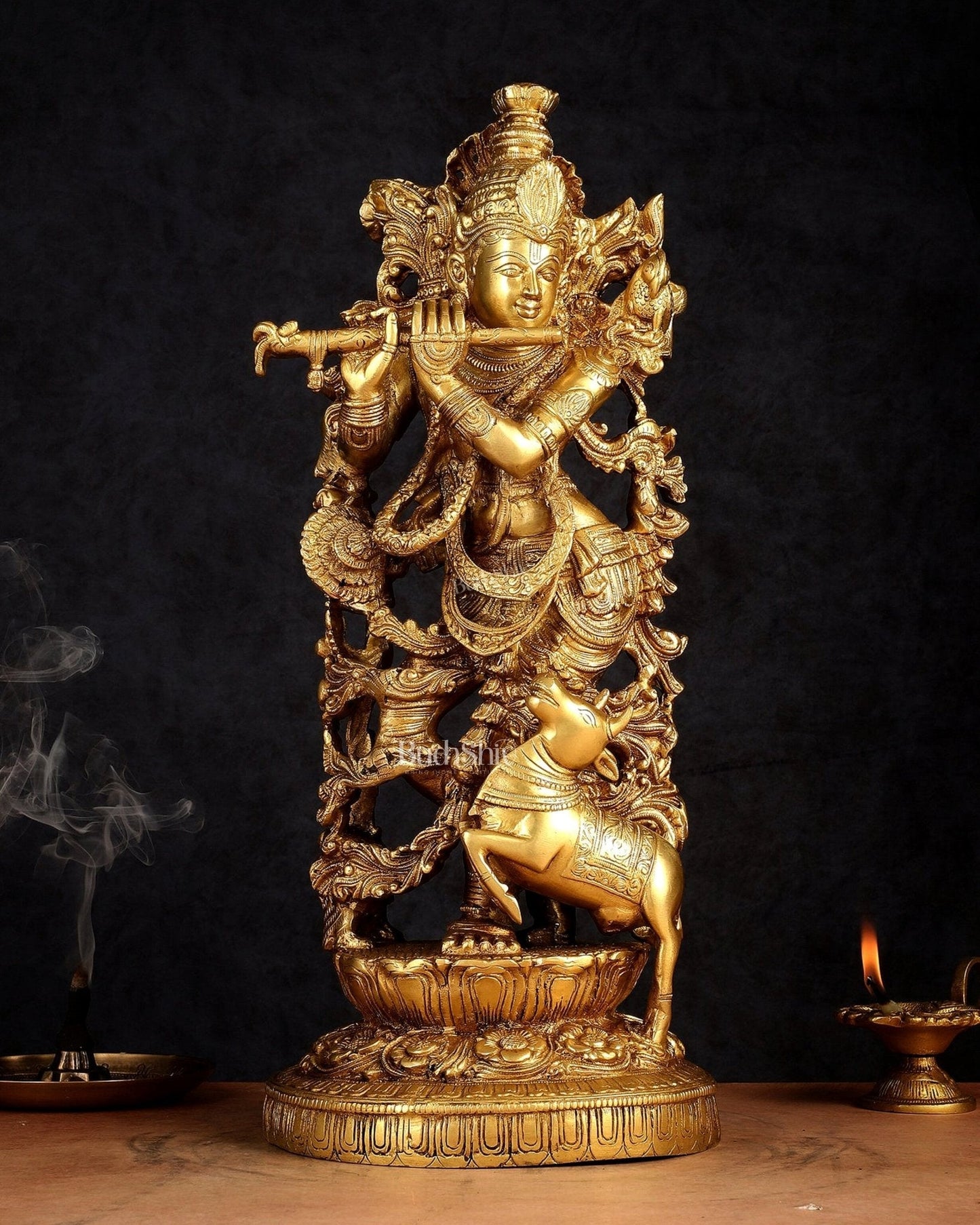 Pure Brass Lord Krishna with Jumping Cow Statue - 18" - Sama Homes Idol - Brass Sculpture