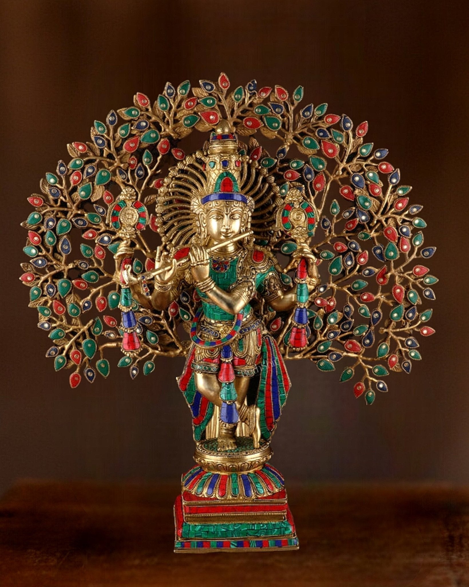 Pure Brass Lord Krishna with Kalpavriksha Tree - 28" Multicolour Meenakari - Sama Homes Idol - Brass Sculpture - Eco-friendly - Sama Homes