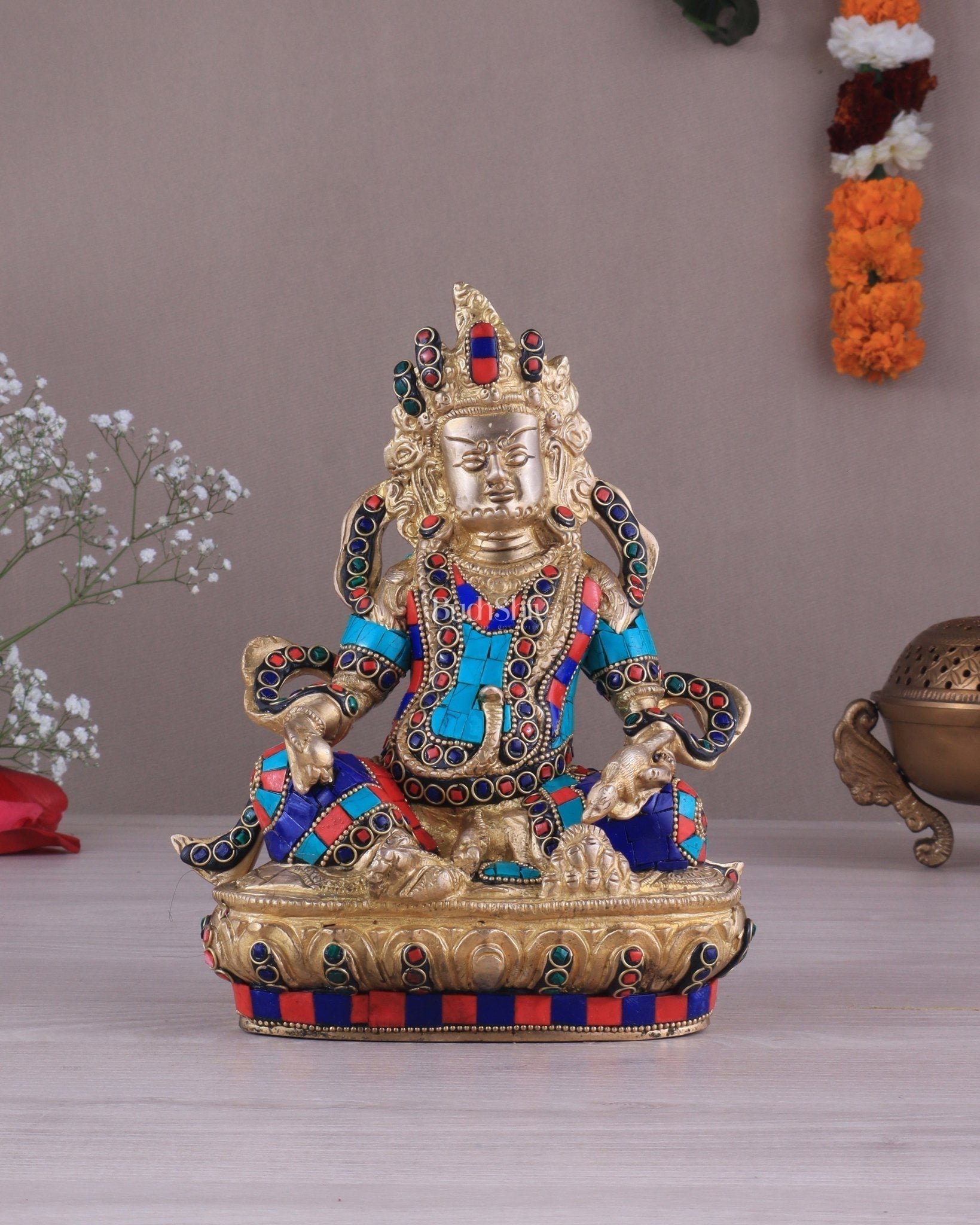 Pure Brass Lord Kuber Statue with Stonework 9" - Sama Homes Idol - Brass Sculpture - Eco-friendly - Sama Homes