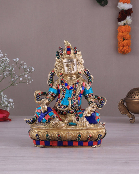 Pure Brass Lord Kuber Statue with Stonework 9" - Sama Homes Idol - Brass Sculpture