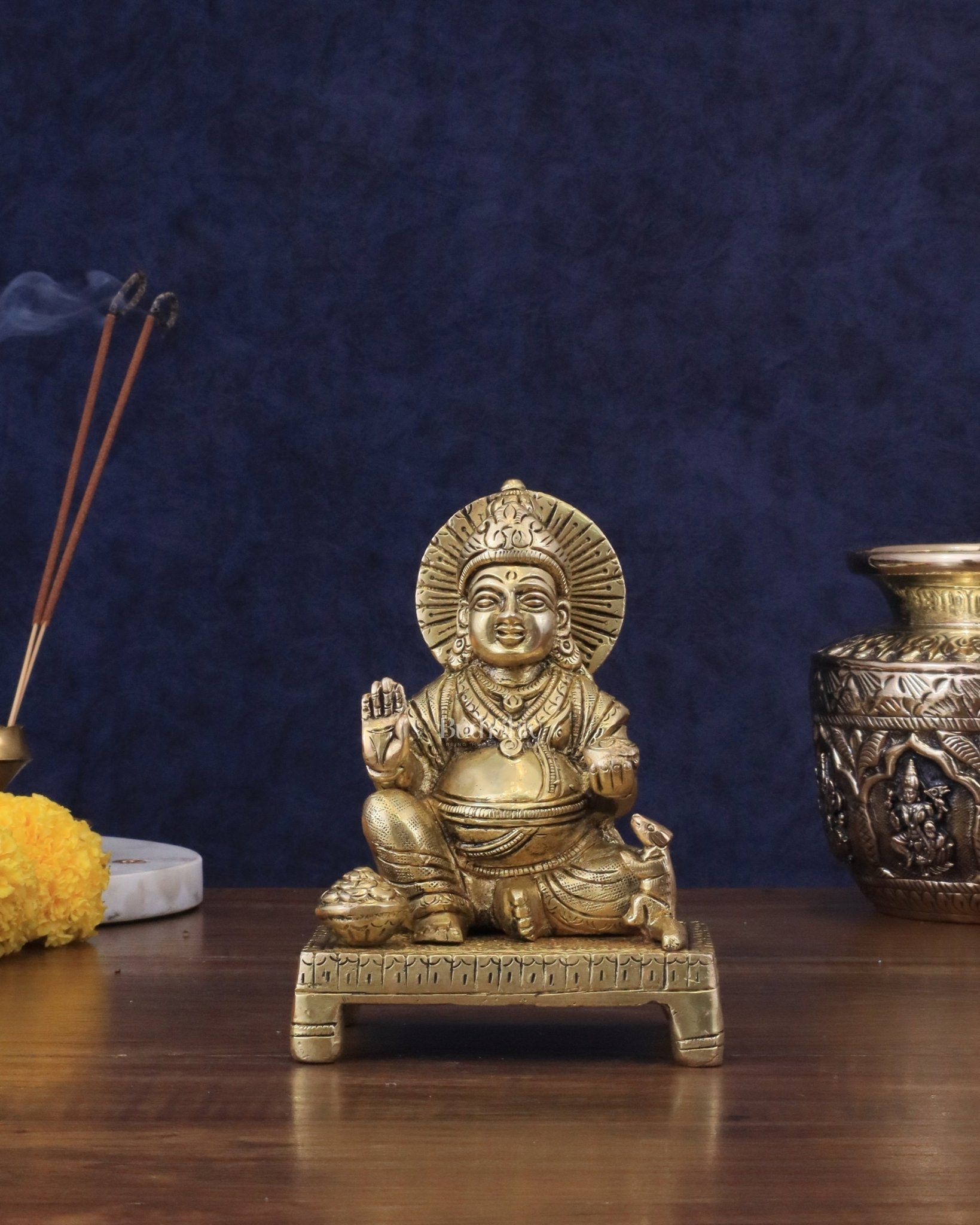 Pure Brass Lord Kubera Idol - 5.5" - Sama Homes Idol - Brass Sculpture - Eco-friendly - Sama Homes