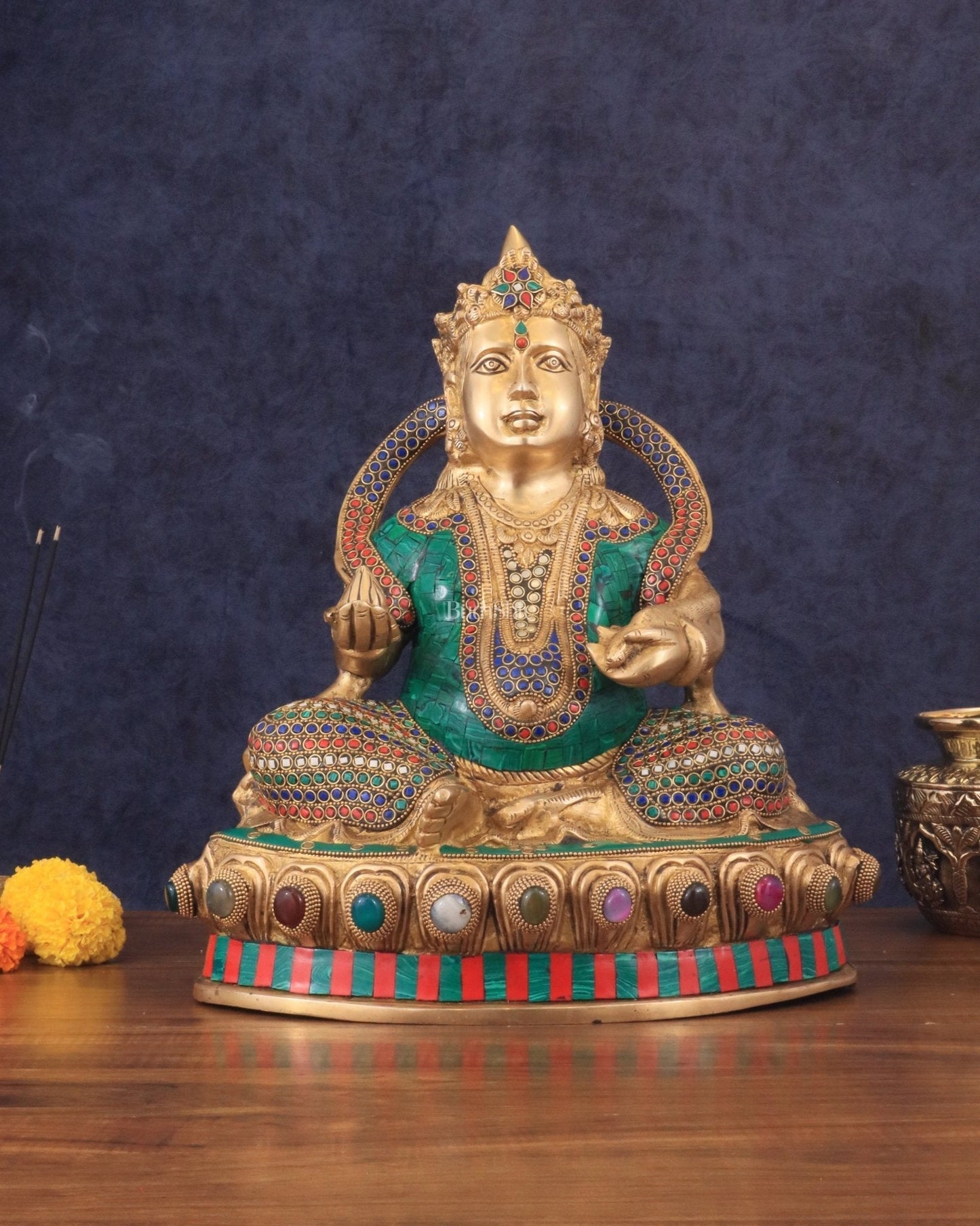 Pure Brass Lord Kubera Large Statue with Multicolor Stonework 15" - Sama Homes Idol - Brass Sculpture
