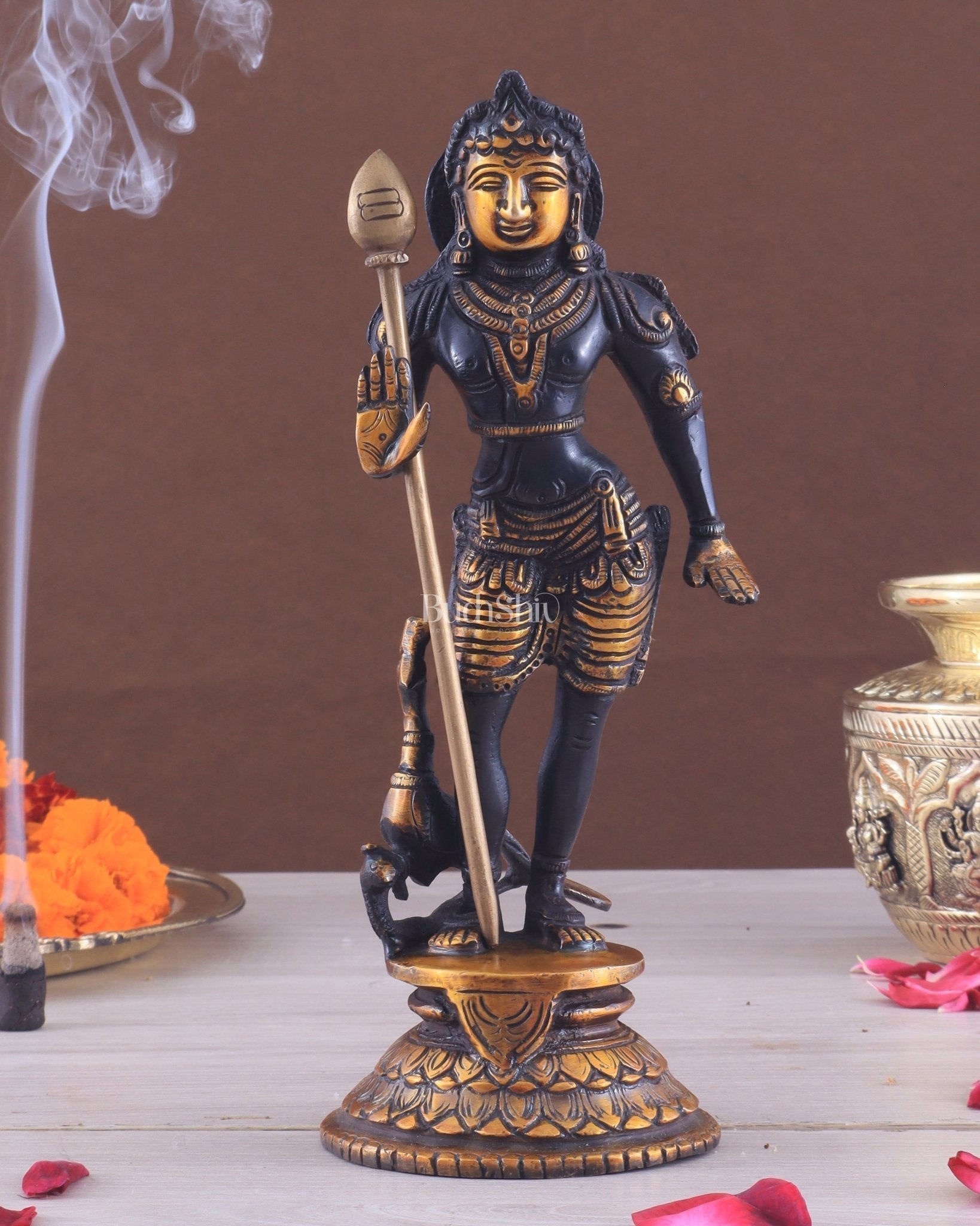 Pure Brass Lord Murugan Swamy Statue 10" black and golden - Sama Homes Idol - Brass Sculpture - Eco-friendly - Sama Homes