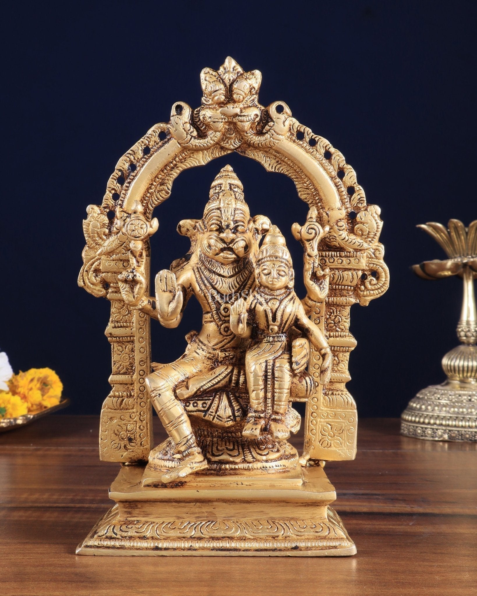 Pure Brass Lord Narsimha with Goddess Lakshmi – 7.8" x 2.7" x 5.1" | Divine Protection & Prosperity - Sama Homes Idol - Brass Sculpture - Eco-friendly - Sama Homes