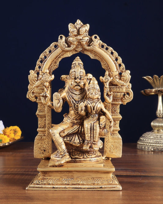 Pure Brass Lord Narsimha with Goddess Lakshmi – 7.8" x 2.7" x 5.1" | Divine Protection & Prosperity - Sama Homes Idol - Brass Sculpture
