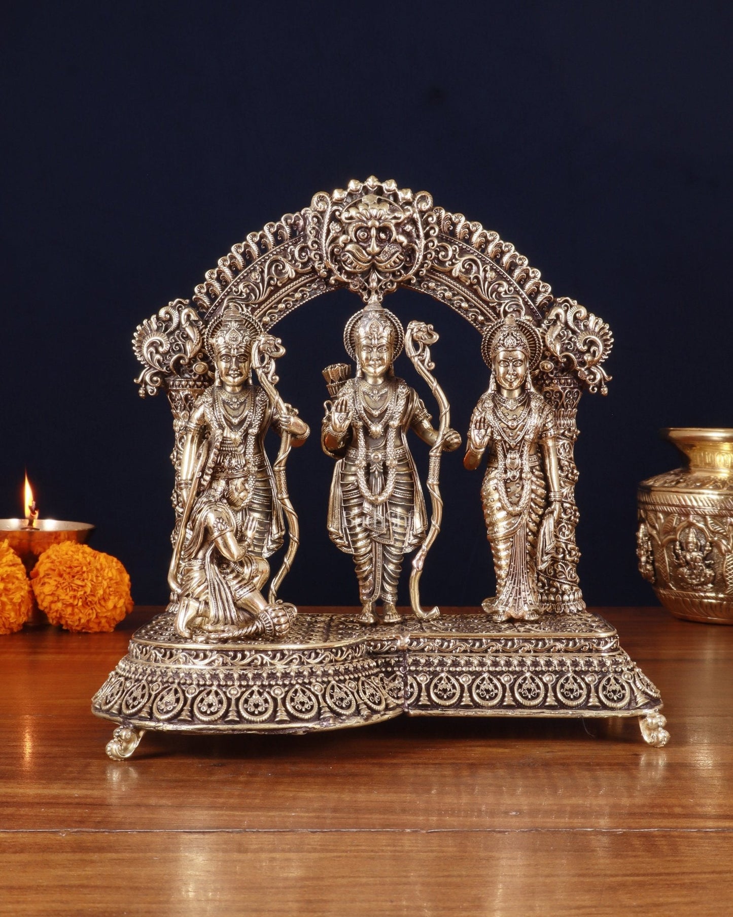 Pure Brass Lord Ram Darbar Intricately Crafted Statue – 9.5 Inch - Sama Homes Idol - Brass Sculpture