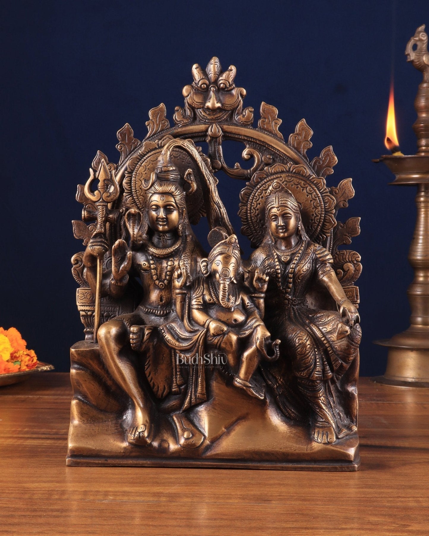 Pure Brass Lord Shiv Parvati with Ganesha Idol and Prabhavali 10.7 inch antique tone - Sama Homes Idol - Brass Sculpture