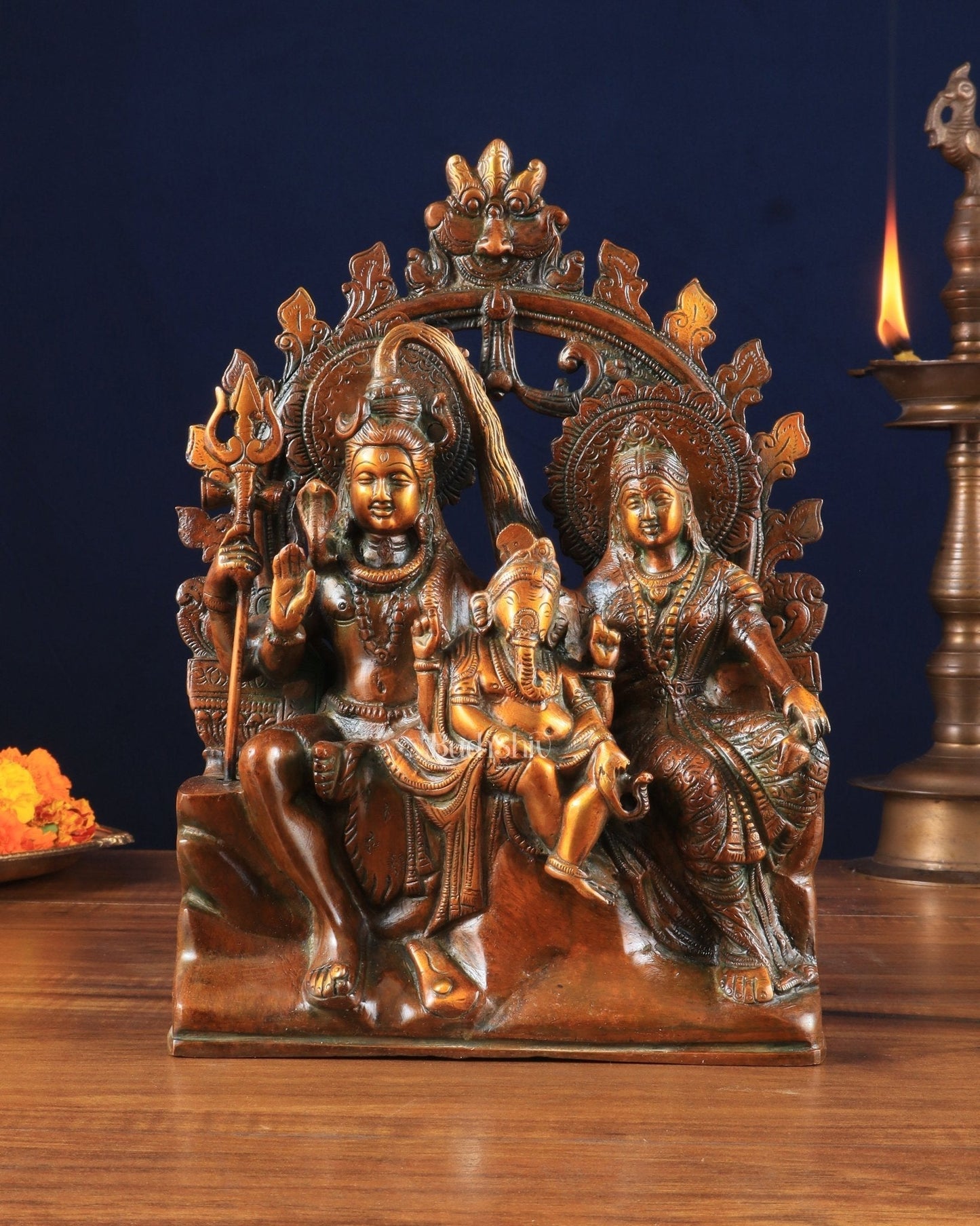 Pure Brass Lord Shiv Parvati with Ganesha Idol and Prabhavali 10.7 inch brown gold - Sama Homes Idol - Brass Sculpture