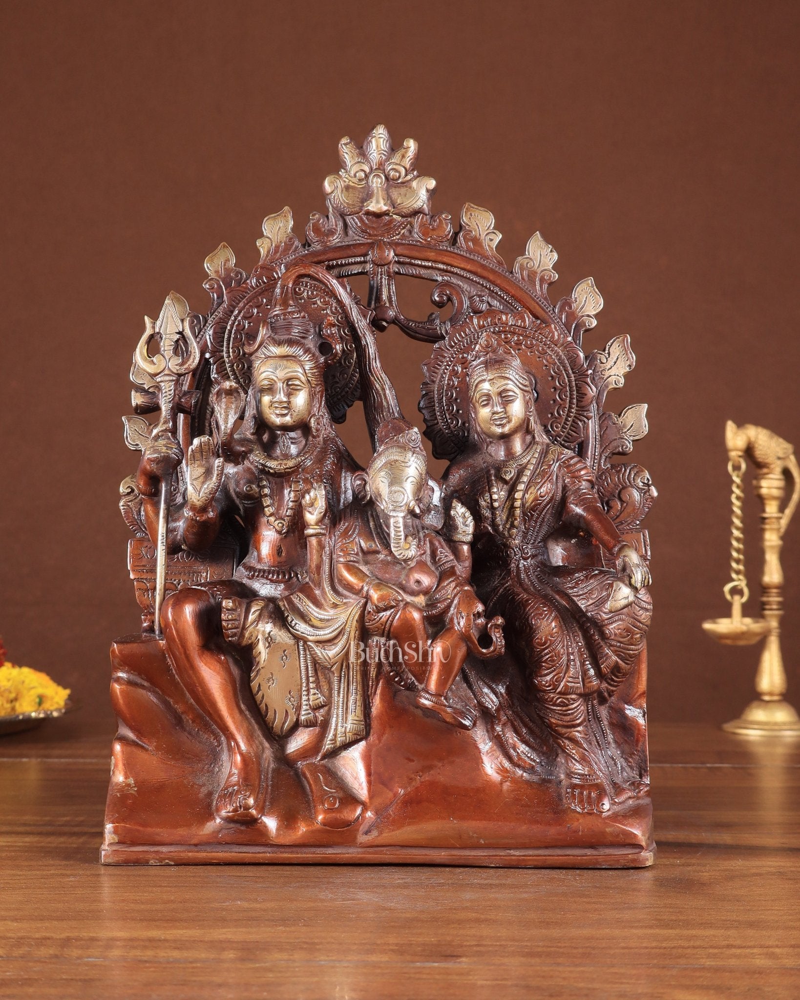 Pure Brass Lord Shiv Parvati with Ganesha Idol and Prabhavali 10.7 inch double chola - Sama Homes Idol - Brass Sculpture - Eco-friendly - Sama Homes