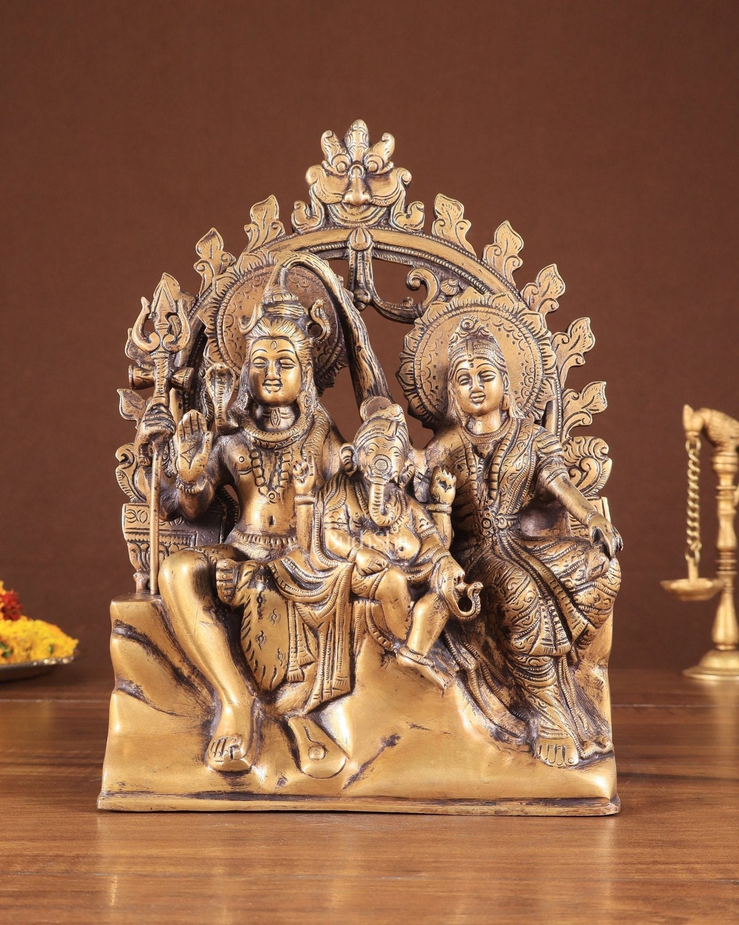 Pure Brass Lord Shiv Parvati with Ganesha Idol and Prabhavali 10.7 inch - Sama Homes Idol - Brass Sculpture