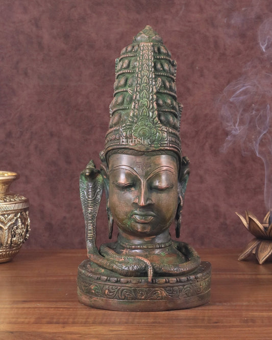 Pure Brass Lord Shiva Face Bust - Antique Green Patina 12" - Sama Homes Idol - Brass Sculpture