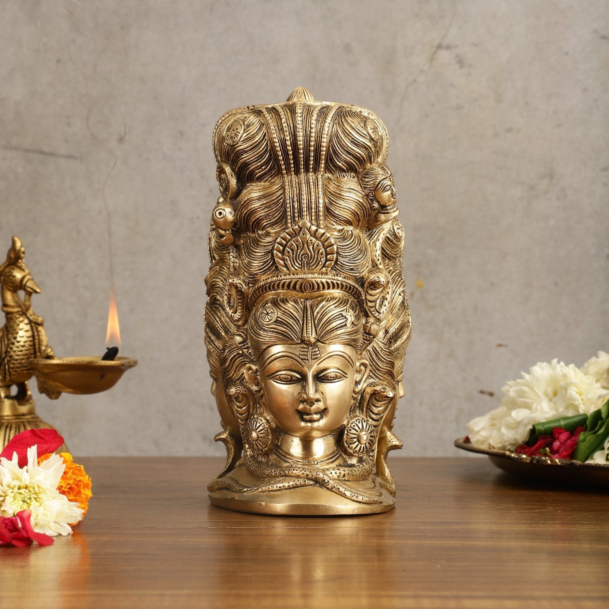 Pure Brass Lord Shiva Head with Parvati Mukhalingam - 8 in Height - Sama Homes Idol - Brass Sculpture - Eco-friendly - Sama Homes