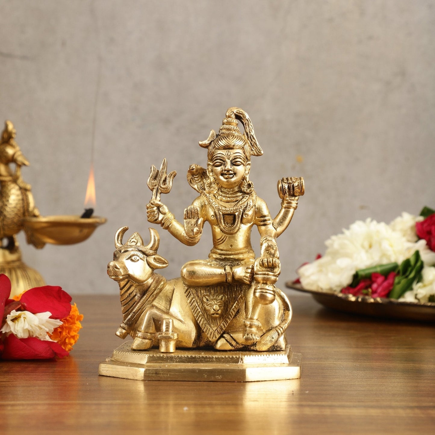 Pure Brass Lord Shiva Sitting on Nandi Idol - 5 in Height - Sama Homes Idol - Brass Sculpture