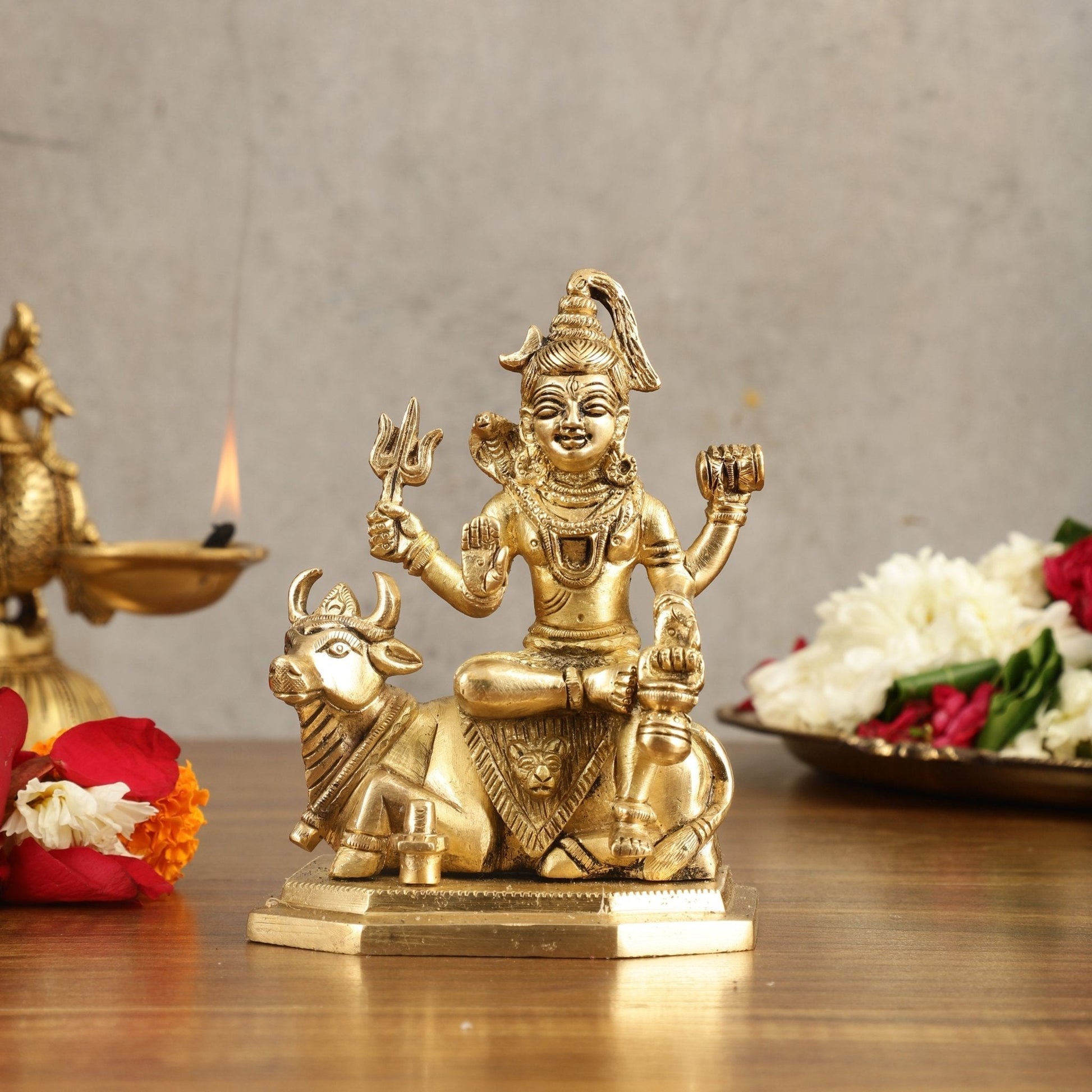 Pure Brass Lord Shiva Sitting on Nandi Idol - 5 in Height - Sama Homes Idol - Brass Sculpture - Eco-friendly - Sama Homes