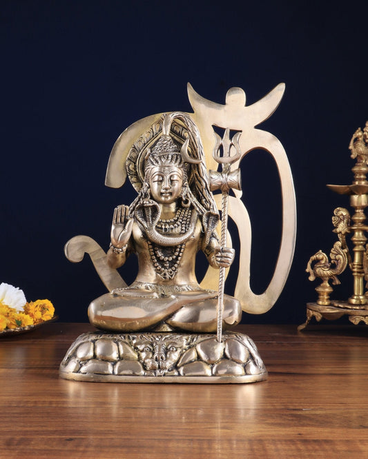 Pure Brass Lord Shiva Statue with Om Aura – 11.5" x 9.5" x 5.5" - Sama Homes Idol - Brass Sculpture