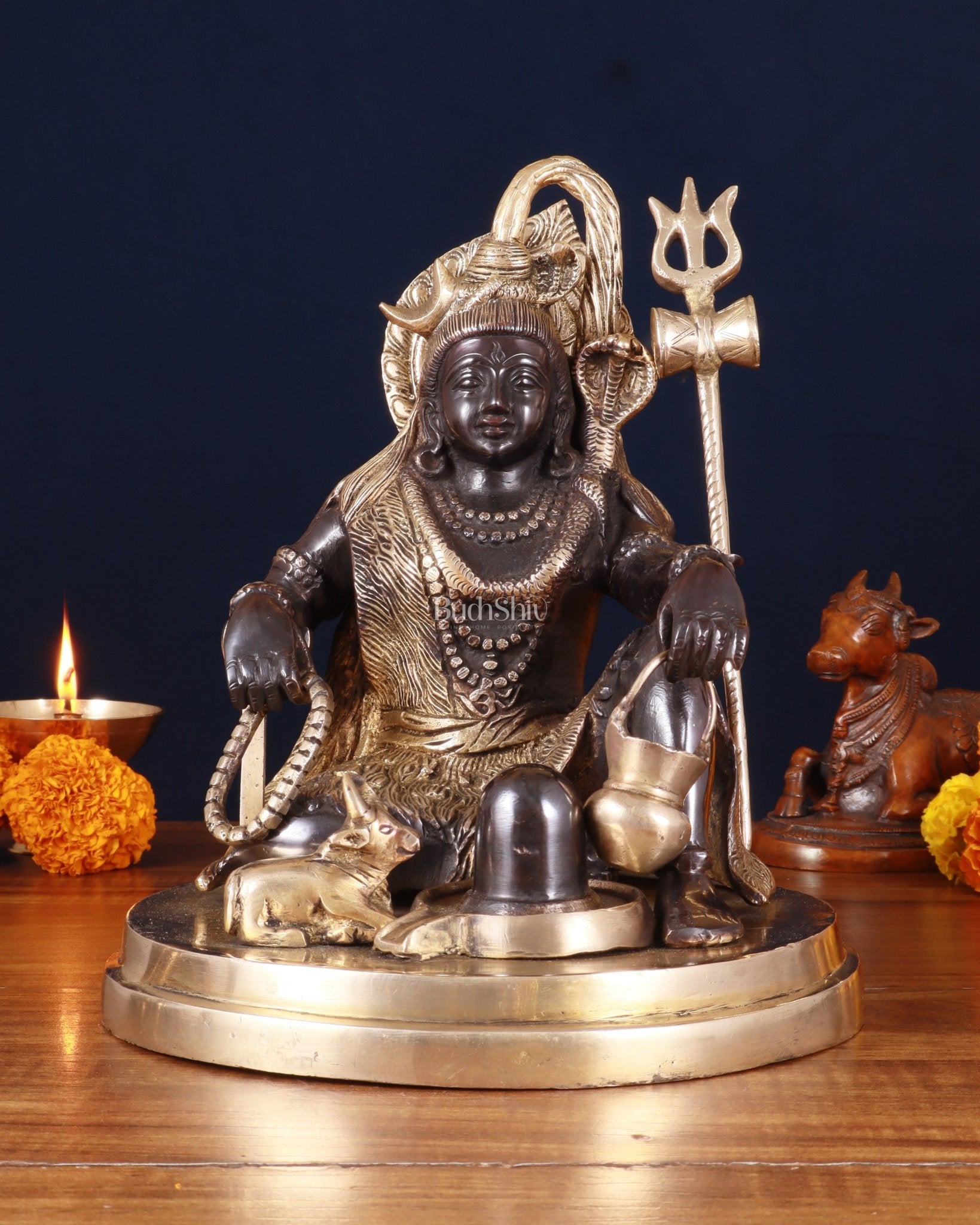 Pure Brass Lord Shiva with Nandi & Shiv Ling Statue – Black Finish, 10 Inch - Sama Homes Idol - Brass Sculpture - Eco-friendly - Sama Homes