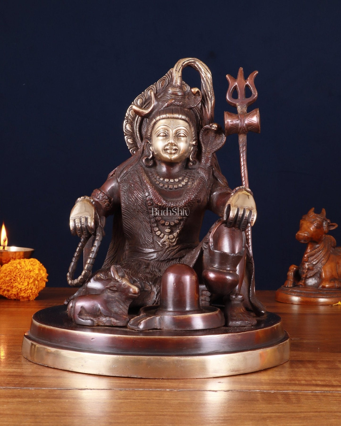 Pure Brass Lord Shiva with Nandi & Shiv Ling Statue – Brown Gold Finish, 10 Inch - Sama Homes Idol - Brass Sculpture