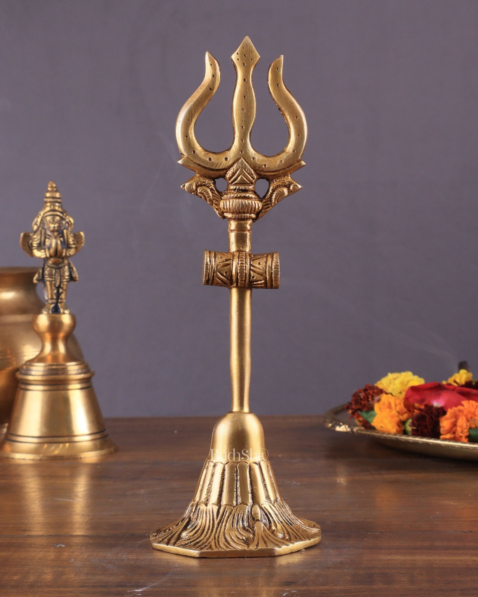Pure Brass Lord Shiva's Trishul Statue – 11" Standing Table Decor - Sama Homes Idol - Brass Sculpture - Eco-friendly - Sama Homes