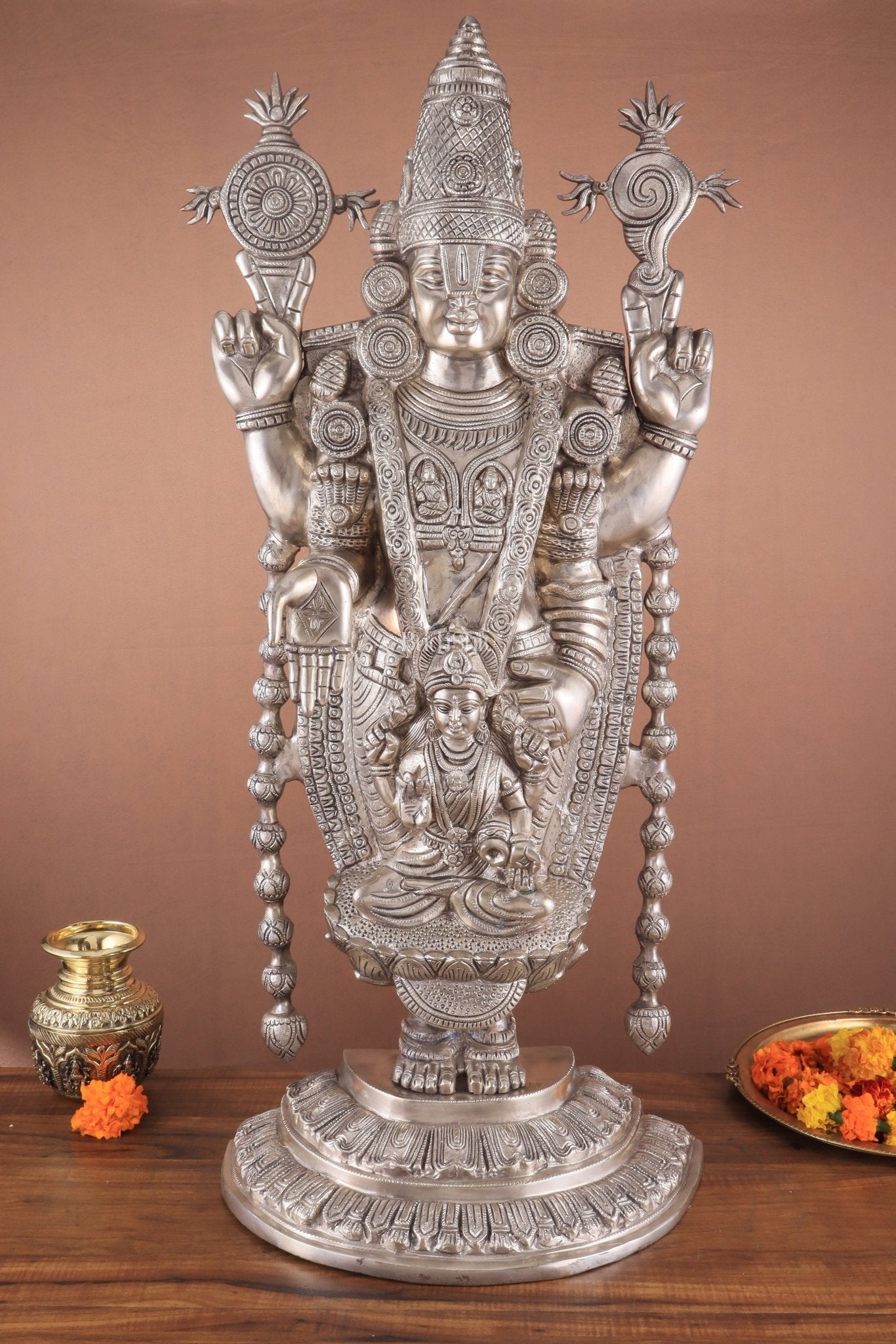 Pure Brass Lord Tirupati Balaji silver plated Statue with Goddess Padmavathi Engraved - 34.5 Inch - Sama Homes Idol - Brass Sculpture - Eco-friendly - Sama Homes
