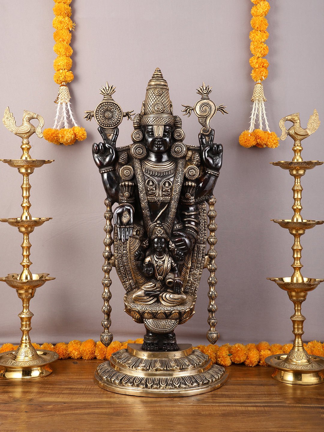 Pure Brass Lord Tirupati Balaji Statue with Goddess Padmavathi Engraved - 34.5 Inch - Sama Homes Idol - Brass Sculpture