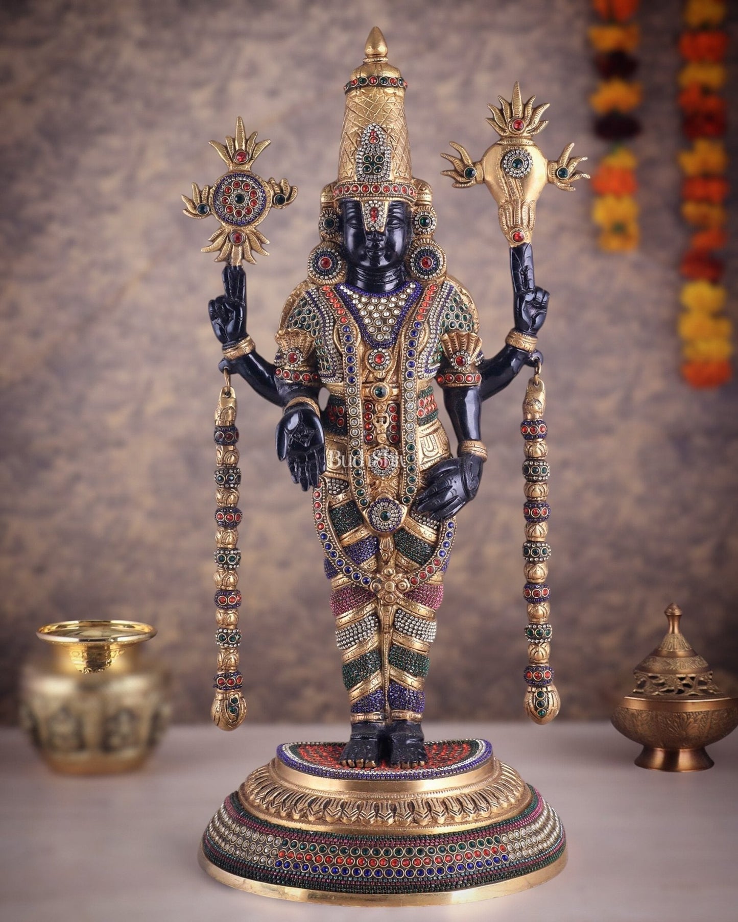 Pure Brass Lord Tirupati Balaji Venkateshwara Swamy idol | 24 inch black and gold - Sama Homes Idol - Brass Sculpture