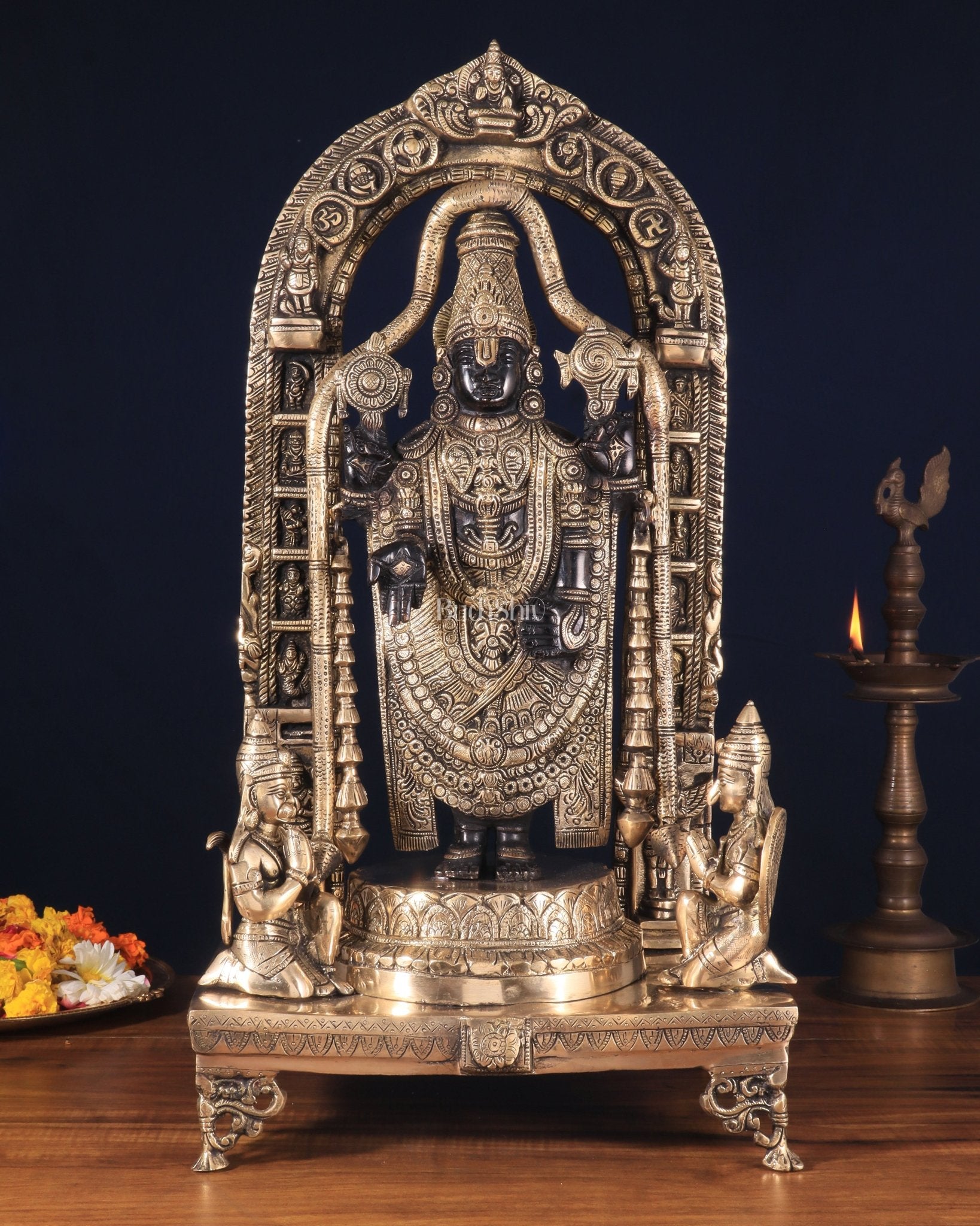 Pure Brass Lord Tirupati Balaji with Hanuman & Garuda – Black & Gold Finish, 24 Inch - Sama Homes Idol - Brass Sculpture - Eco-friendly - Sama Homes