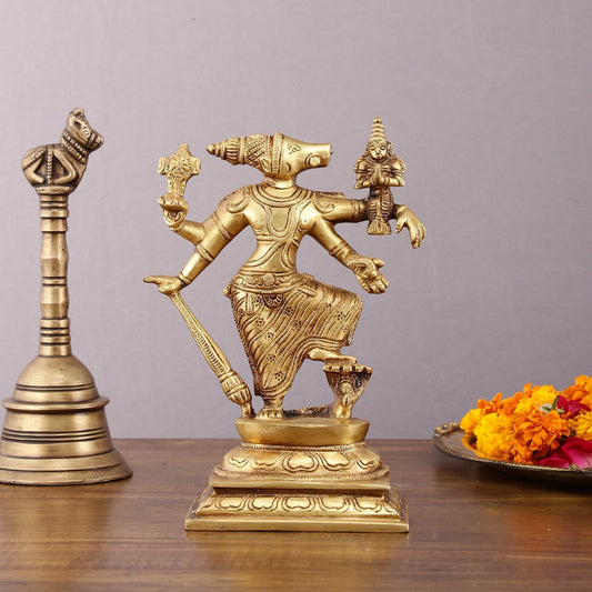 Pure Brass Lord Varaha with Goddess Lakshmi & Bhumi Devi – 8.5 inch - Sama Homes Idol - Brass Sculpture