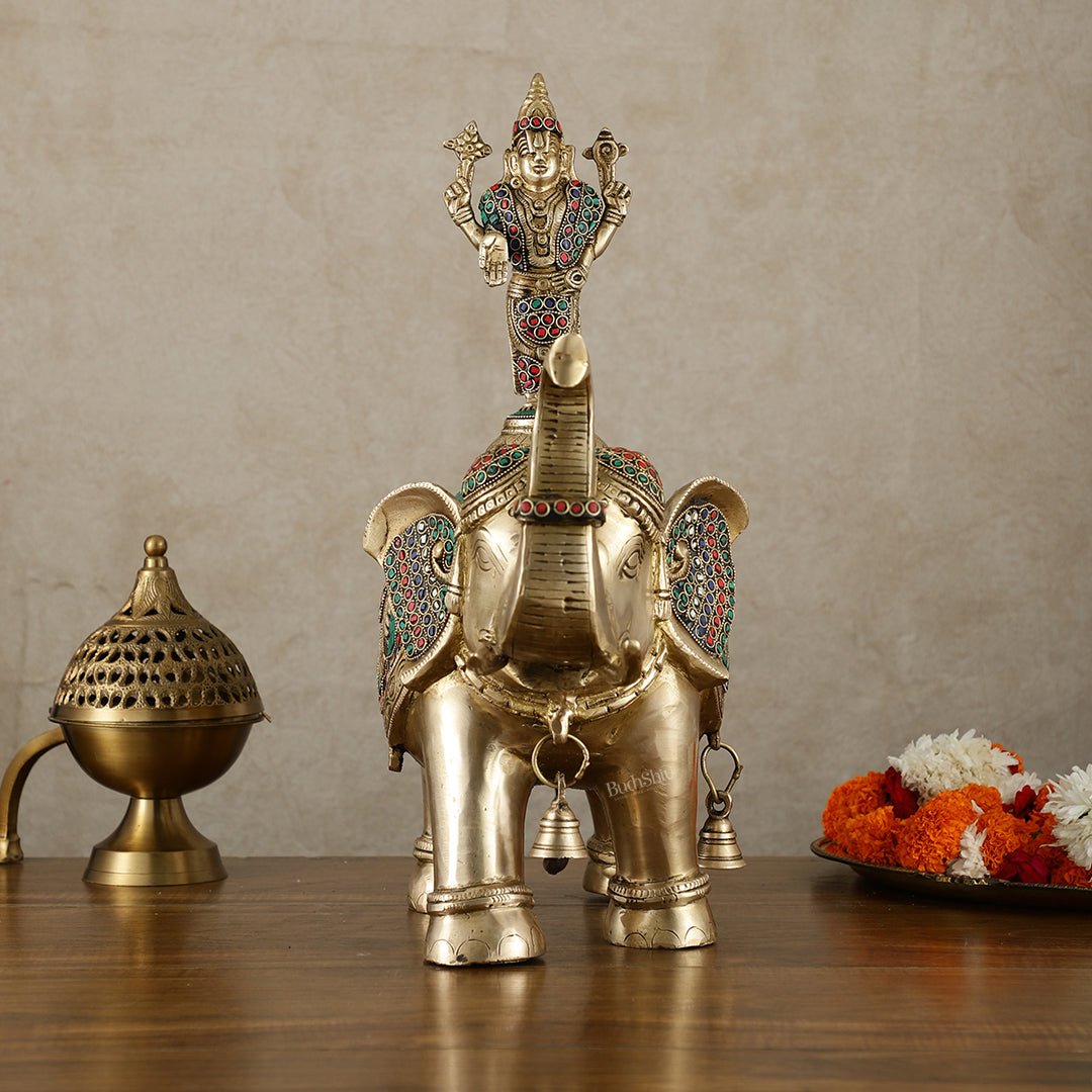 Pure Brass Lord Venkateshwara Swamy on Elephant with Fine Engravings & Stonework – 16.5 Inch - Sama Homes Idol - Brass Sculpture - Eco-friendly - Sama Homes