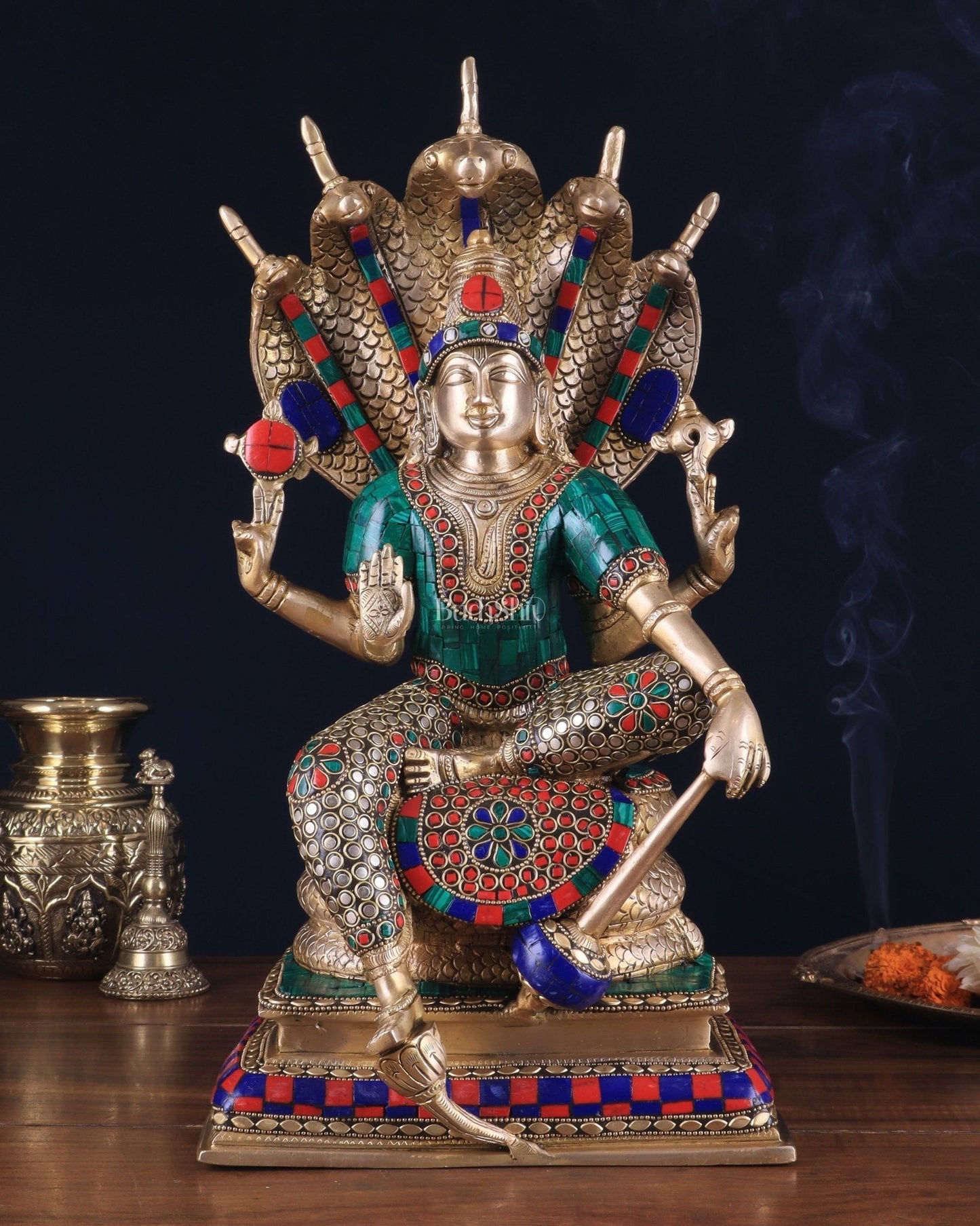 Pure Brass Lord Vishnu statue Sitting Under Sheshanaaga | 11 Inch stonework - Sama Homes Idol - Brass Sculpture