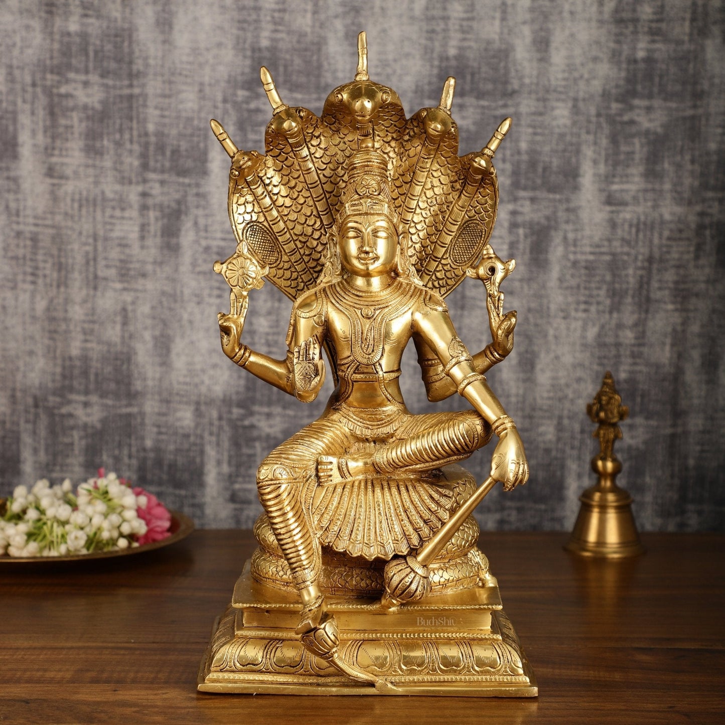 Pure Brass Lord Vishnu statue Sitting Under Sheshanaaga | 11 Inch - Sama Homes Idol - Brass Sculpture