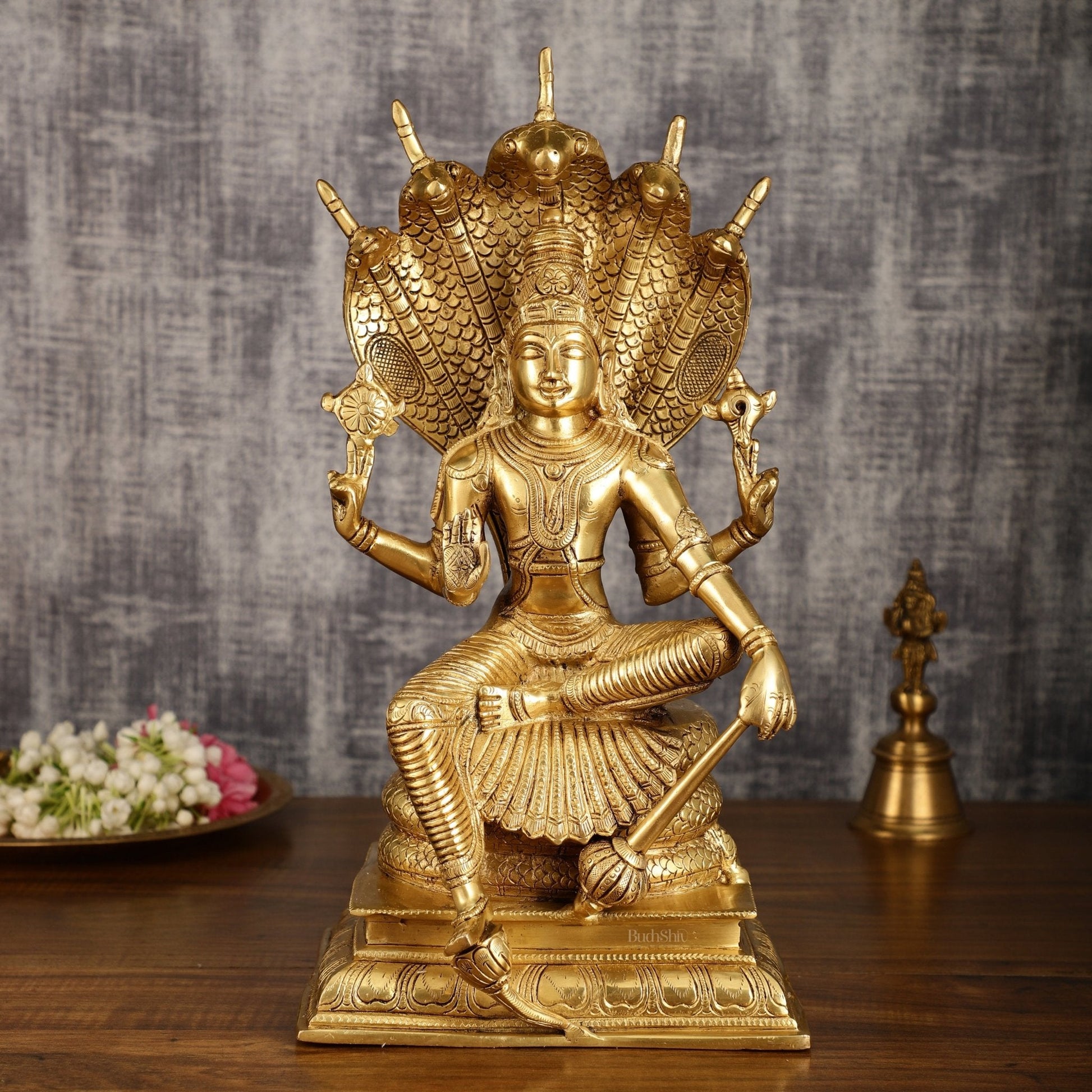Pure Brass Lord Vishnu statue Sitting Under Sheshanaaga | 11 Inch - Sama Homes Idol - Brass Sculpture - Eco-friendly - Sama Homes