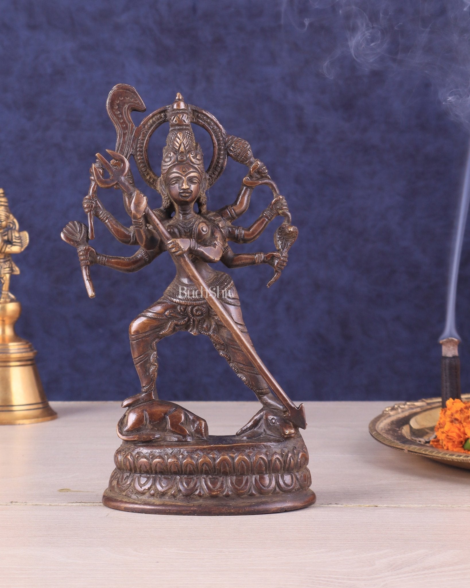 Pure Brass Mahishasur Mardini Durga Idol 8" brown tone - Sama Homes Idol - Brass Sculpture - Eco-friendly - Sama Homes