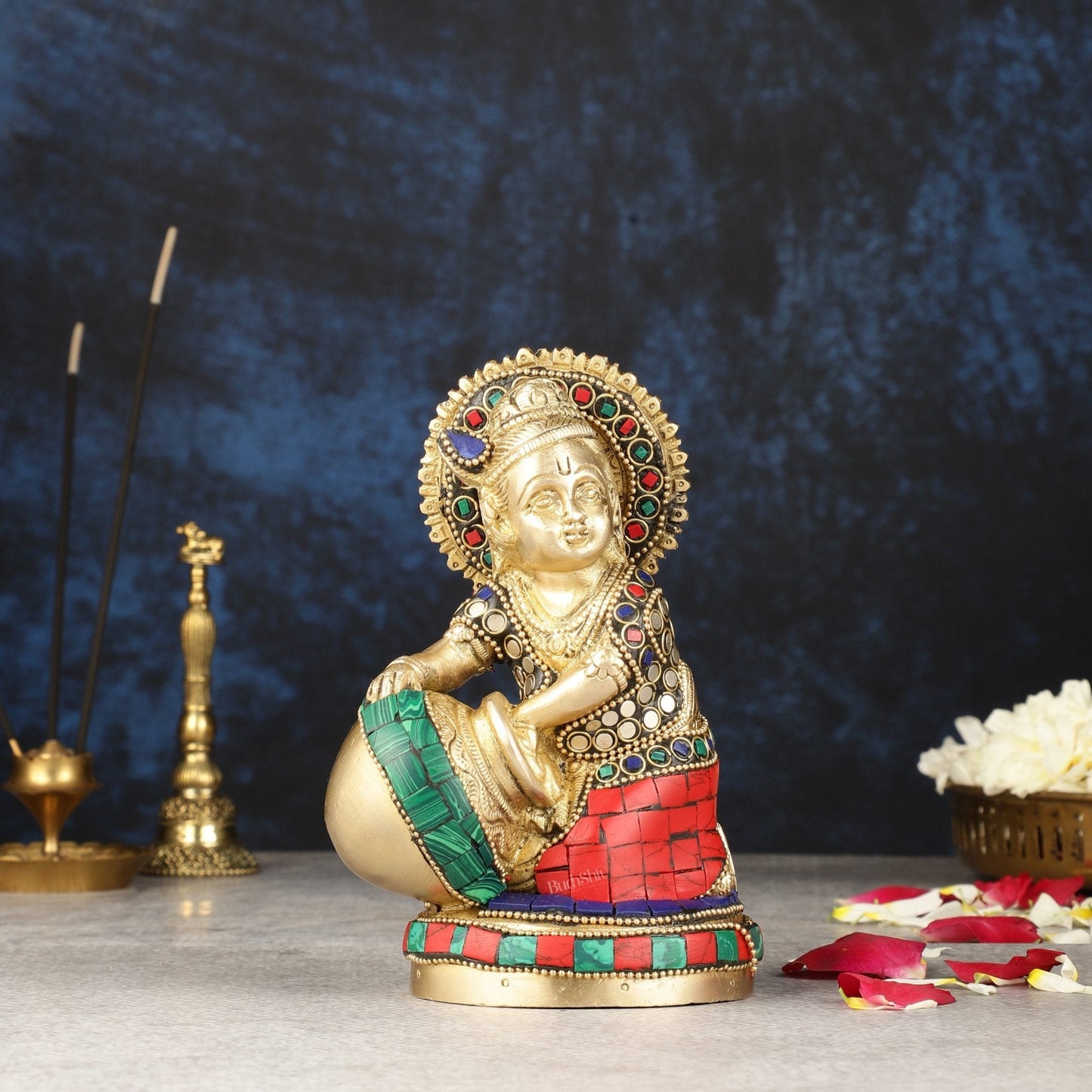 Pure Brass Makhan Chor Bal Gopal Krishna Idol Multicolour 6" - Sama Homes Idol - Brass Sculpture