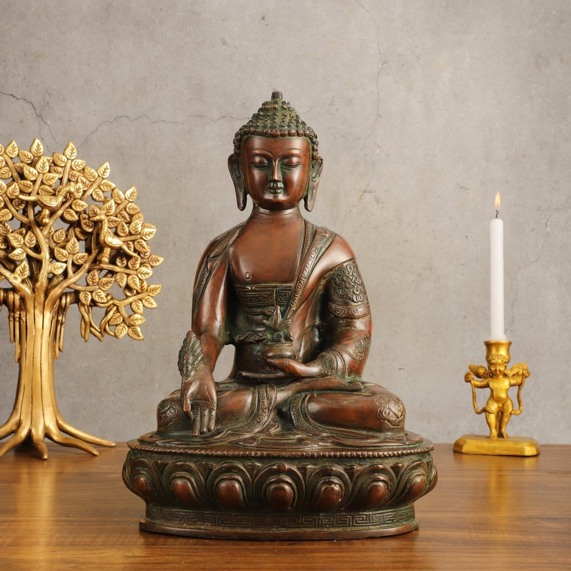 Pure Brass Medicine Buddha Antique Tone Sculpture - 12" Height - Sama Homes Idol - Brass Sculpture - Eco-friendly - Sama Homes