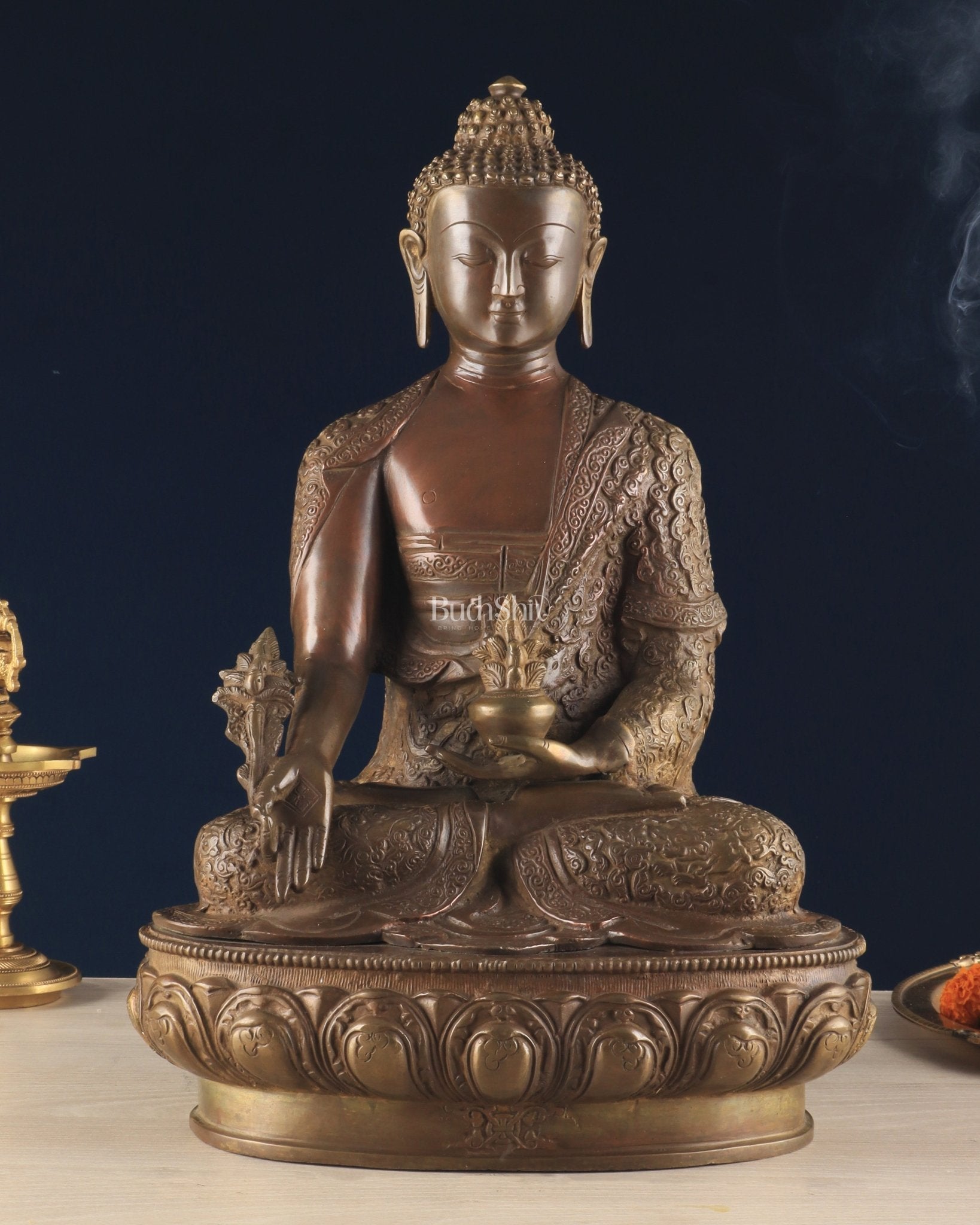 Pure Brass medicine Buddha Statue 17" Bronze tone - Sama Homes Idol - Brass Sculpture - Eco-friendly - Sama Homes